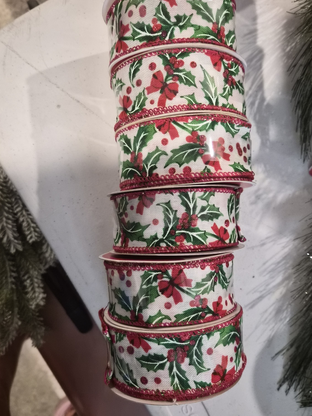 Celebrate It Green & Red Holly Patterned Holiday Ribbon